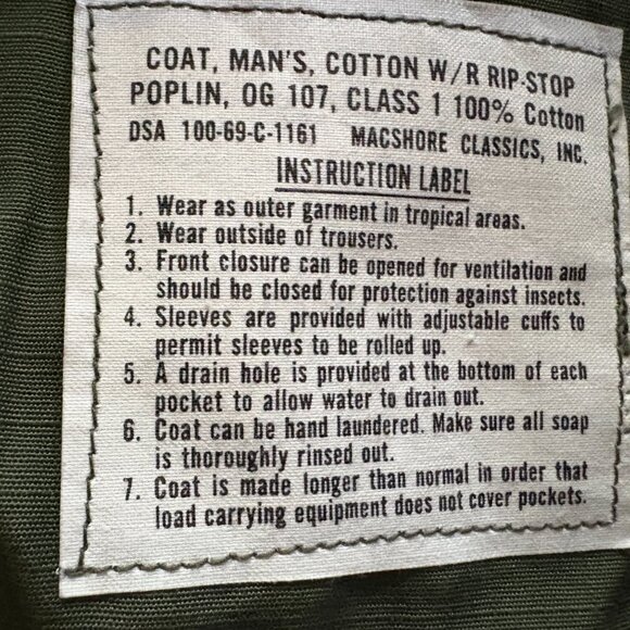 NOS Vintage 1969 Rip-Stop Poplin OG 107 Vietnam Coat Size Small Short - Picture 5 of 7